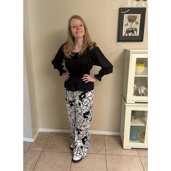 RONNY KOBO Black White Floral Printed Beachy Front Zip Button Fly Trouser Size 6 - Picture 11 of 14